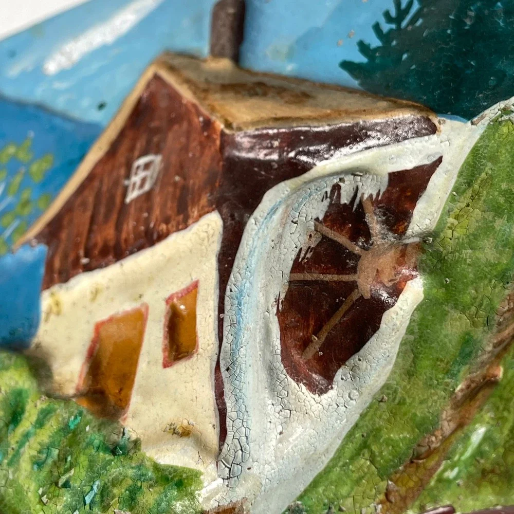 Vintage Hand Painted 3D Tile Cottage Mountains Trees‎ French Farmhouse Prairie